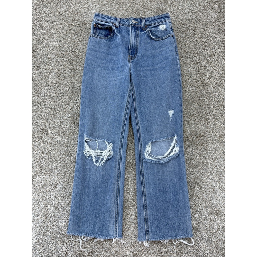 GRLFRND The Harlow High Rise Straight Cropped Jeans Womens 25 Blue w/Ripped Knee